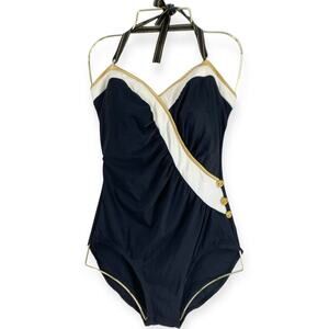 Vintage 90s Y2K Beach Bay Wrap Halter Black Gold Buttons One Piece Swimsuit